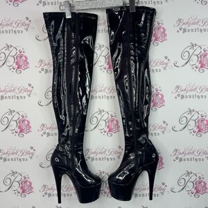 Thigh high heel boots shiny exotic dance Black Patent Leather Thigh-High Boots